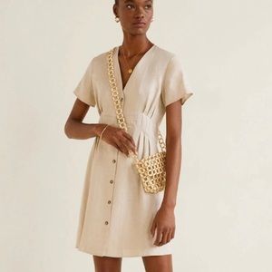 MANGO 100% Linen V-Neck Mini Dress Beige Size S